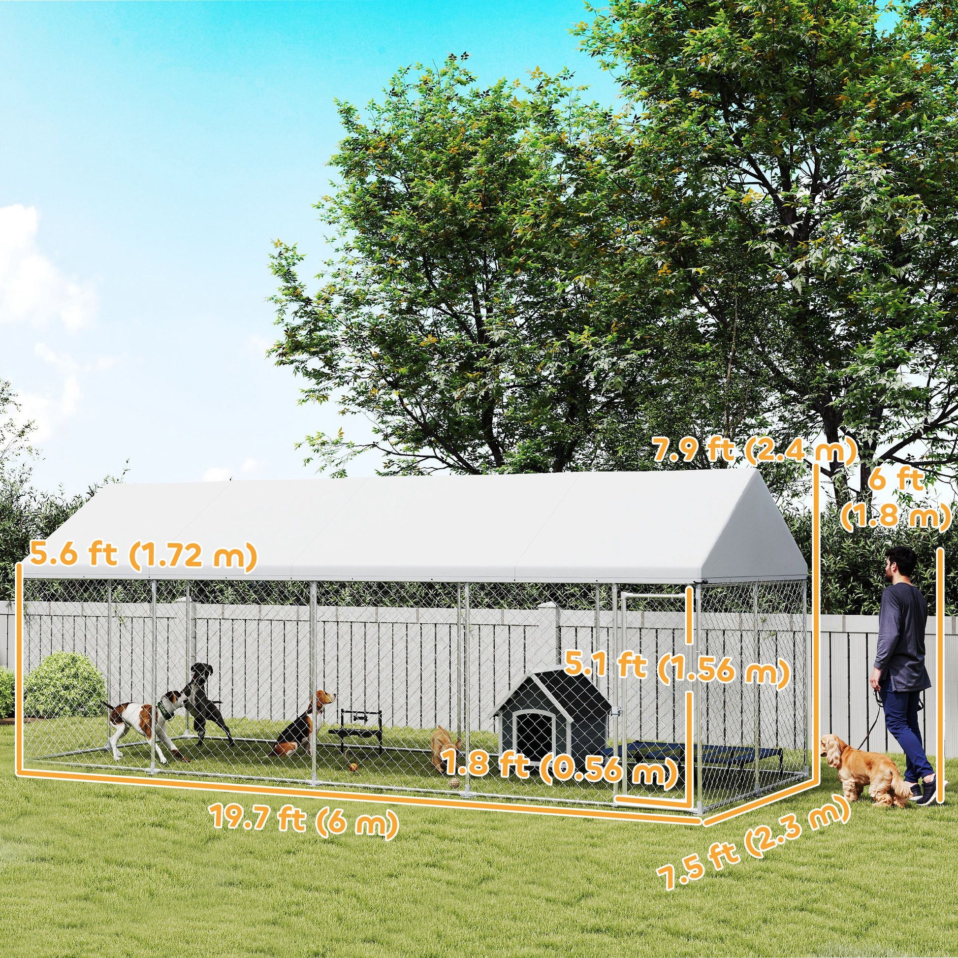 Heavy Duty Outdoor Dog Kennel with Waterproof Roof, Secure Latch, Chain Link Dog Run for Backyard, 19.7' x 7.5' x 7.9'