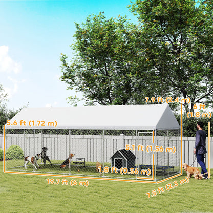 Heavy Duty Outdoor Dog Kennel with Waterproof Roof, Secure Latch, Chain Link Dog Run for Backyard, 19.7' x 7.5' x 7.9'