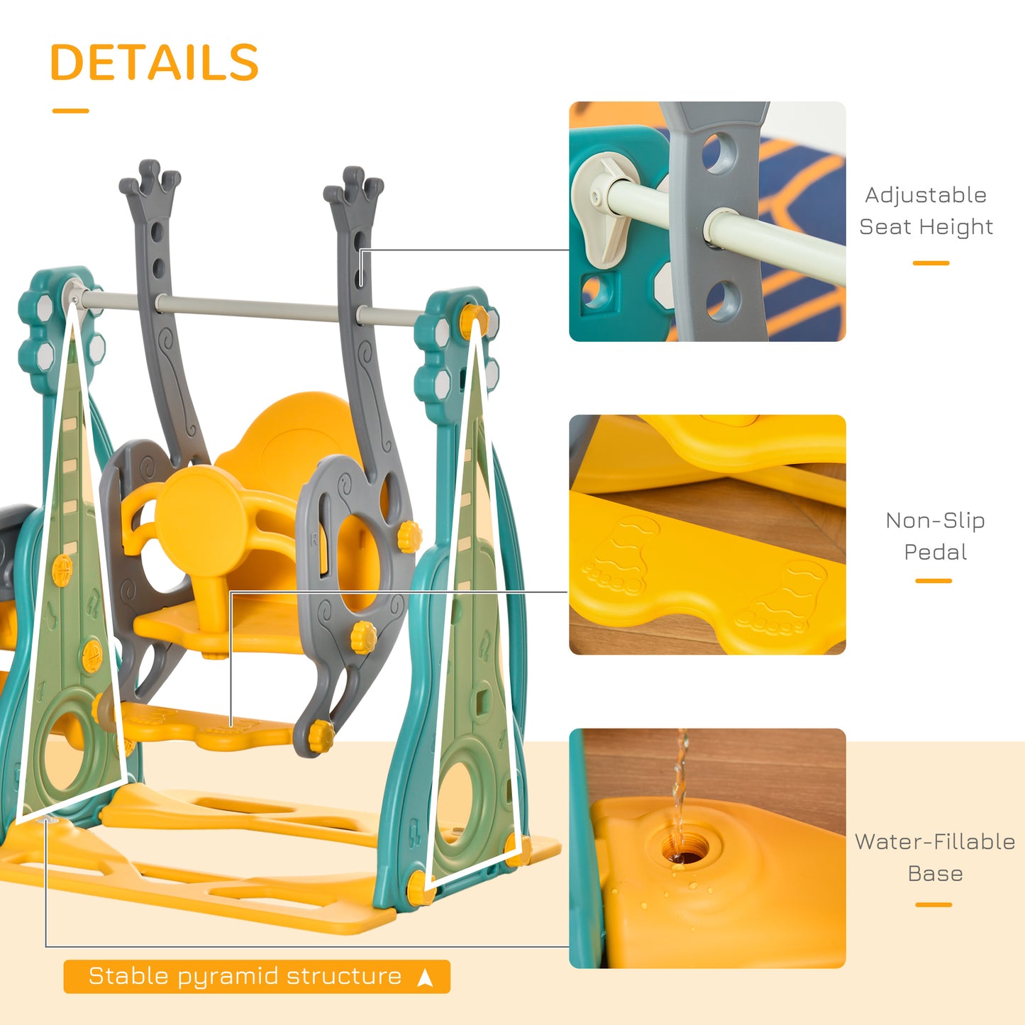 Qaba 4-in-1 Toddler Slide and Swing Set with Basketball Hoop and Adjustable Seat Height, Kids Play Climber Slide Playset