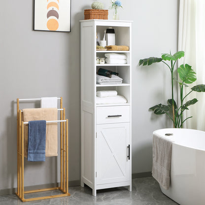 Tall Bathroom Storage Cabinet, Free Standing Bathroom Cabinet Slim Side Organizer w/ 3-Tier Open Shelf, Door, and Drawer