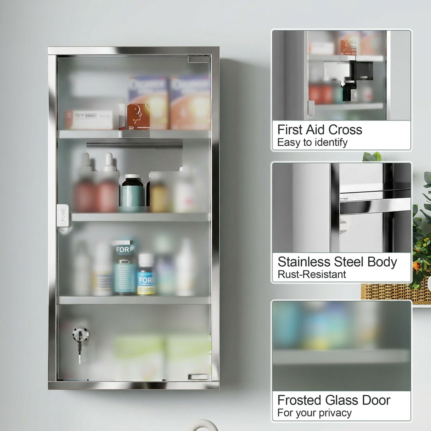 Wall Mount Medicine Cabinet, Bathroom Cabinet with 3 Tier Shelves, Stainless Steel Frame and Glass Door, Lockable with 2
