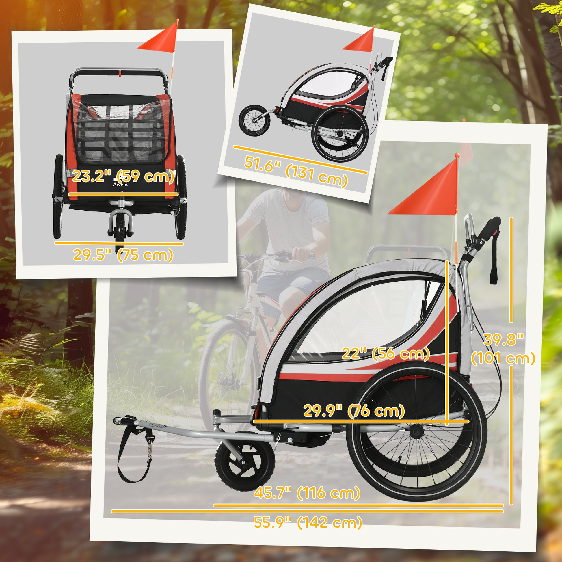 VarietyKart 3-in-1 Bike Trailer for Kids, Running Stroller with 2 Seats, Jogging Cart with 5-Point Harness, Storage Unit