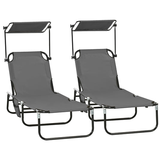 2 Piece Folding Outdoor Chaise Lounges, Pool Tanning Chairs with Reclining Back, Sunshade for Beach, Patio, Dark Grey