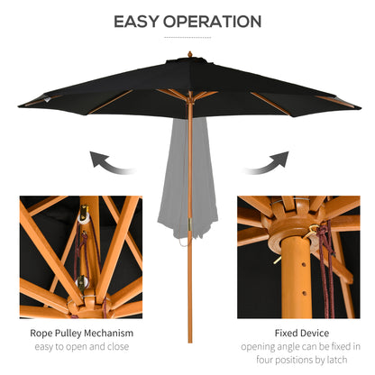 10' x 8' Wooden Patio Umbrella, Garden Parasol, Outdoor Sunshade Canopy with Bamboo Rib for Outdoor, Black