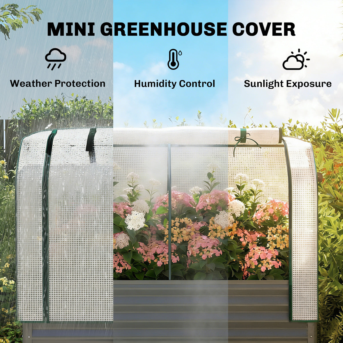 Galvanised Raised Garden Bed with Greenhouse Cover, Metal Elevated Planter Box with Bed Liner, Bottom Shelf, Dark Grey