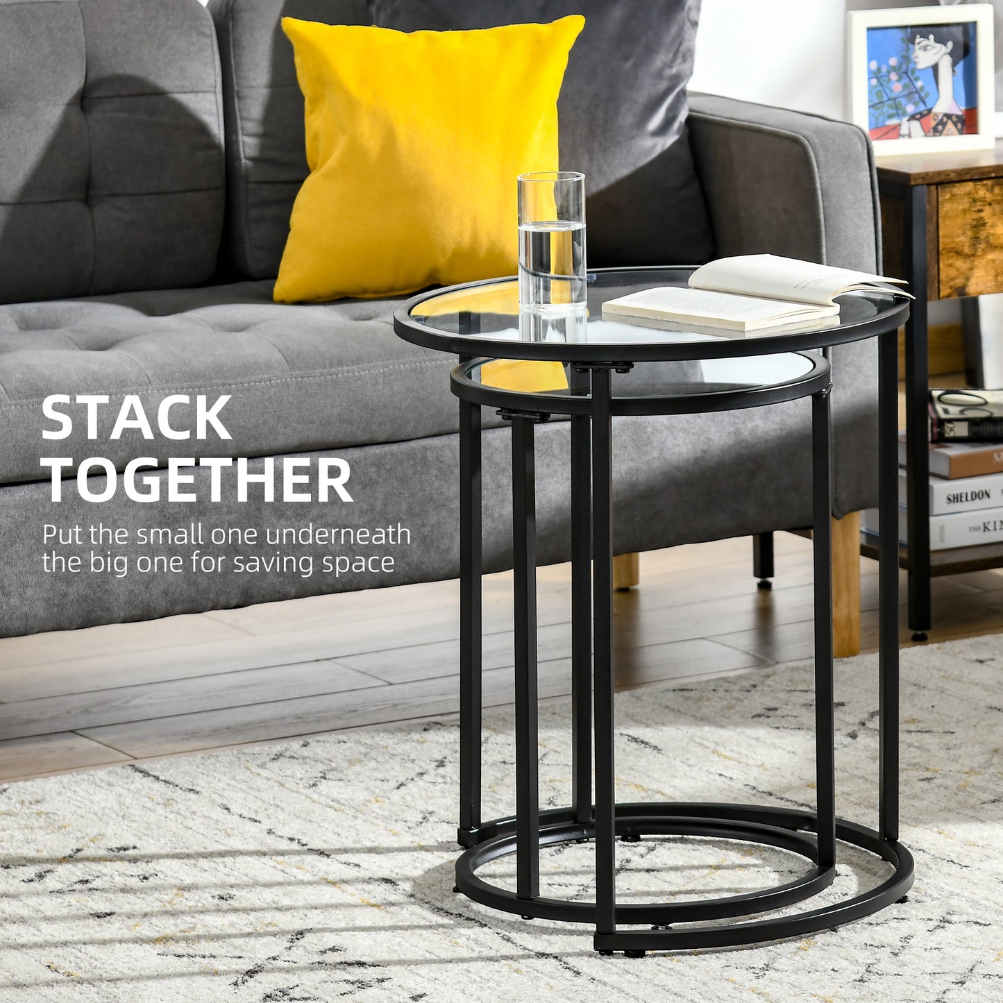 Set of 2 Nesting Coffee Tables with Metal Base, Round Side Table with Tempered Glass Tabletop for Living Room, Bedroom, 