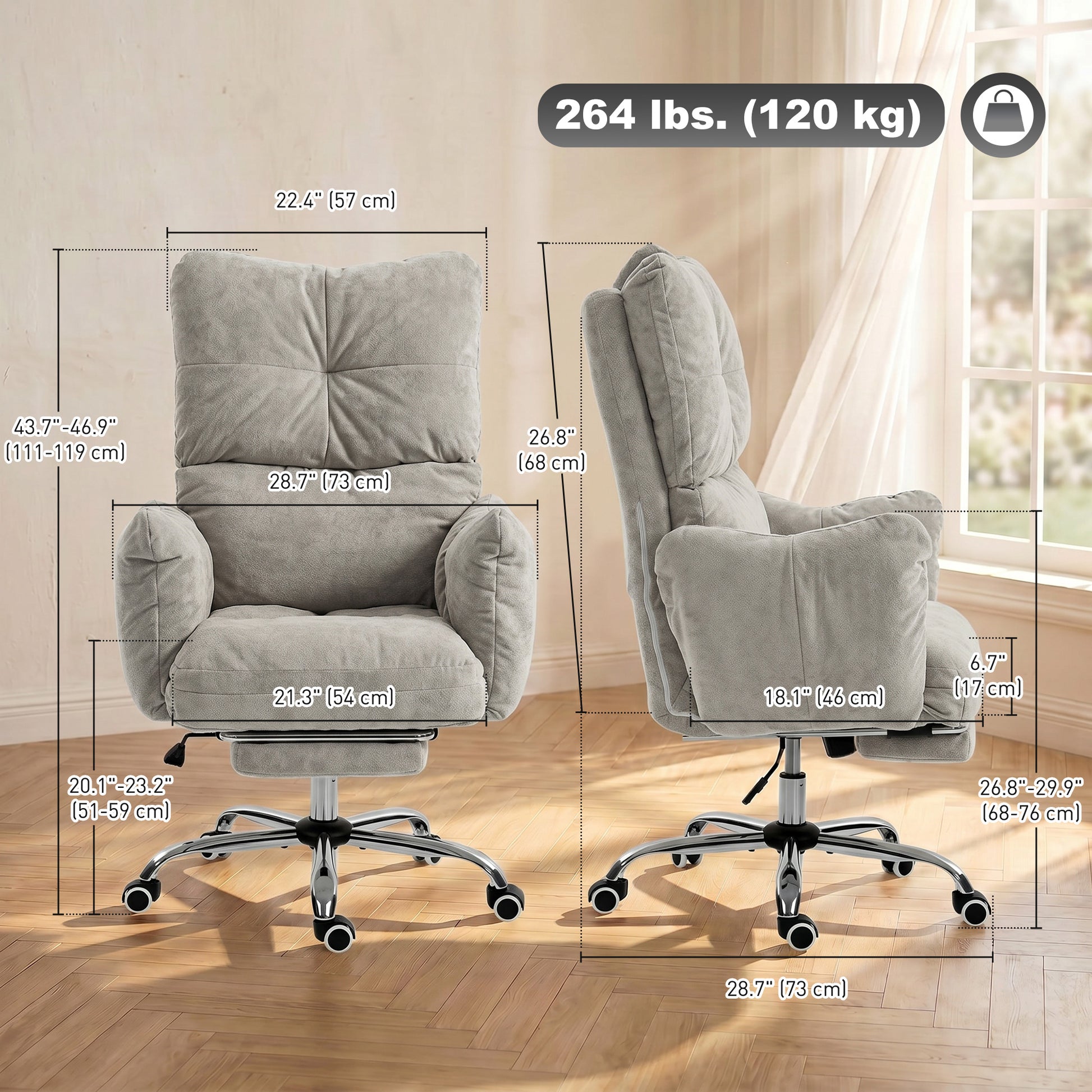 Office Chair with Foot Rest, Ergonomic Reclining Computer Gaming Chair w/ Snow Flannel Fabric, Thick Cushion, Light Grey