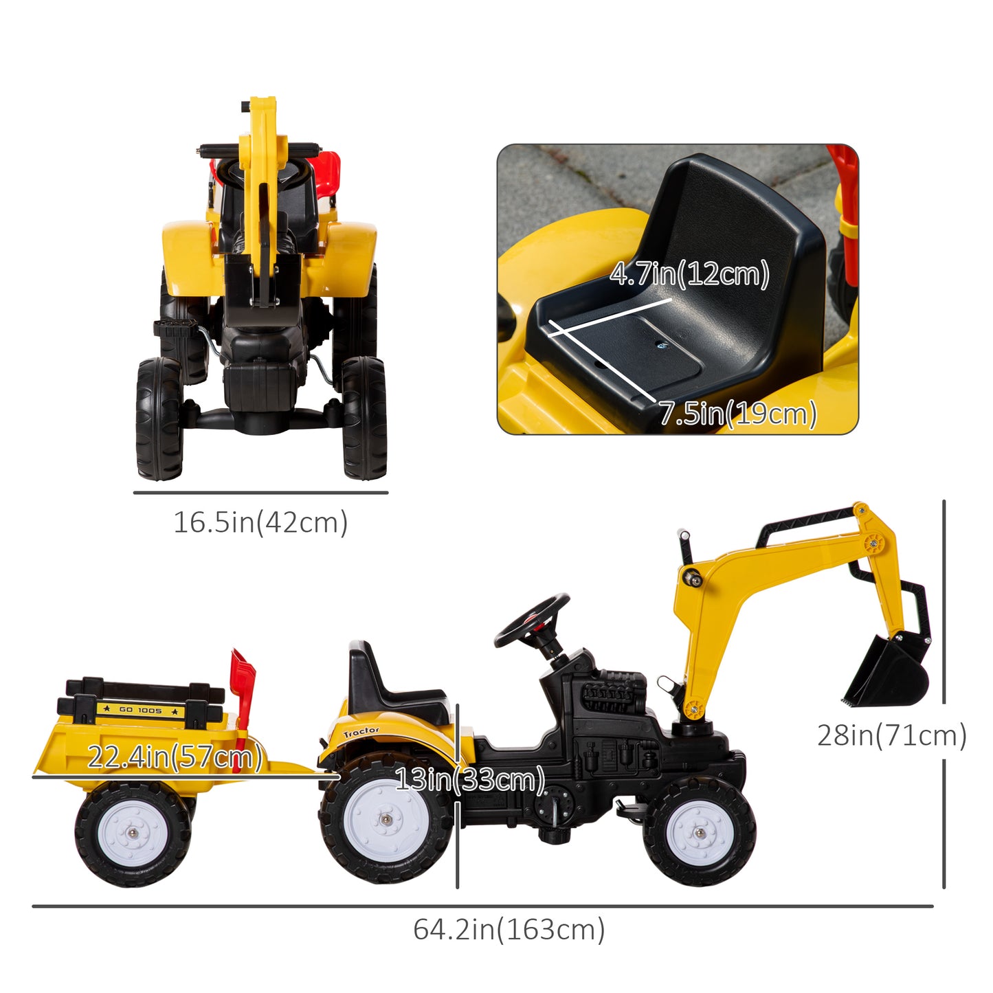 VarietyKart Ride on Tractor for Kids, Pedal Construction Car with Horn & Detachable Trailer for 3 Years Old, Yellow