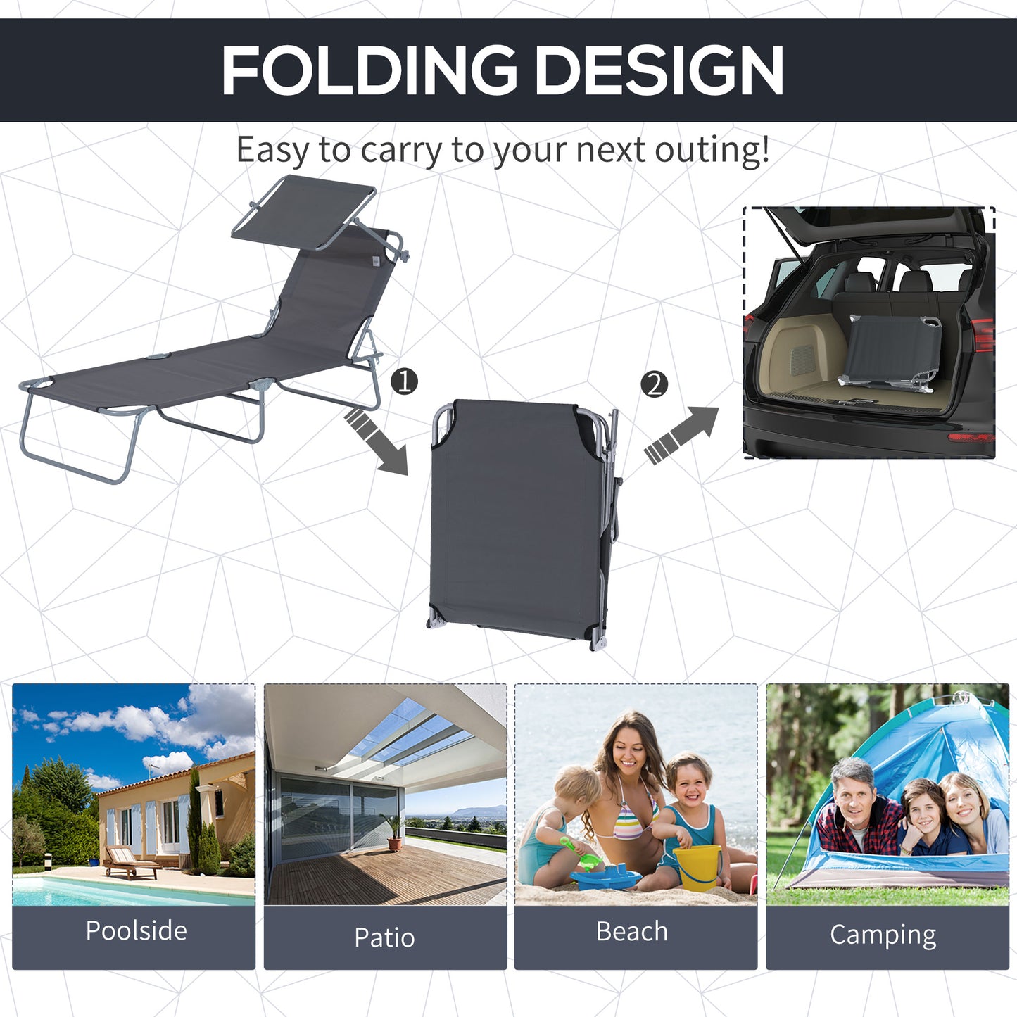 Outdoor Lounge Chair, Adjustable Folding Chaise Lounge,  Tanning Chair with Sun Shade for Beach, Camping, Hiking, Backya