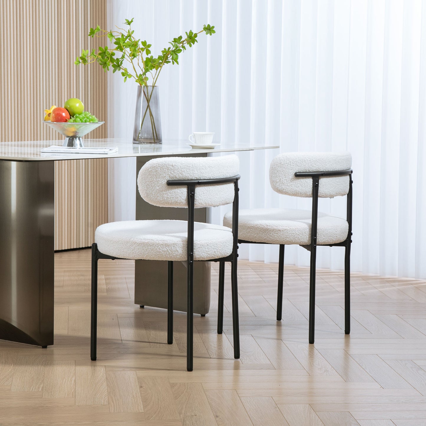 2 Pieces Kitchen Chairs, Modern Dining Chairs w/ Berber Fleece Upholstery and Steel Legs for Living Room, Cream White