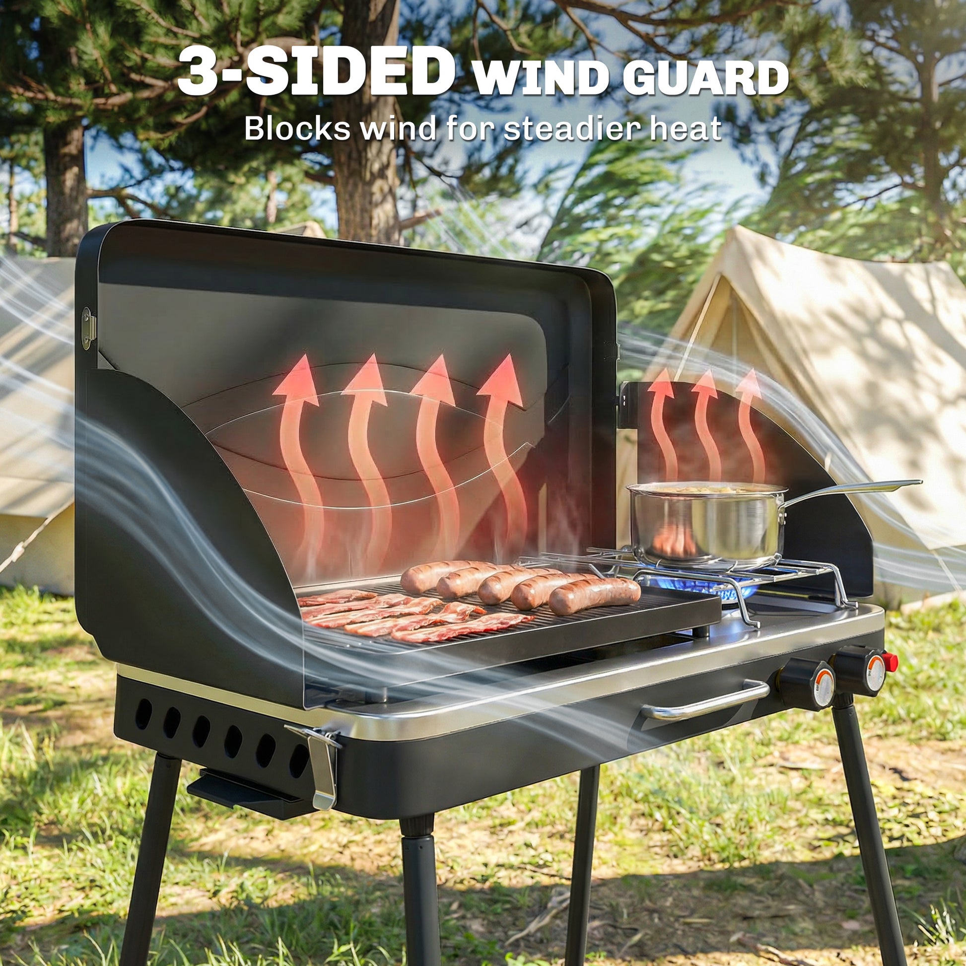 2-in-1 Camping Stove & Gas Griddle Combo, 20,000 BTU Portable Propane Grill with Detachable Legs, Wind Guards, Black