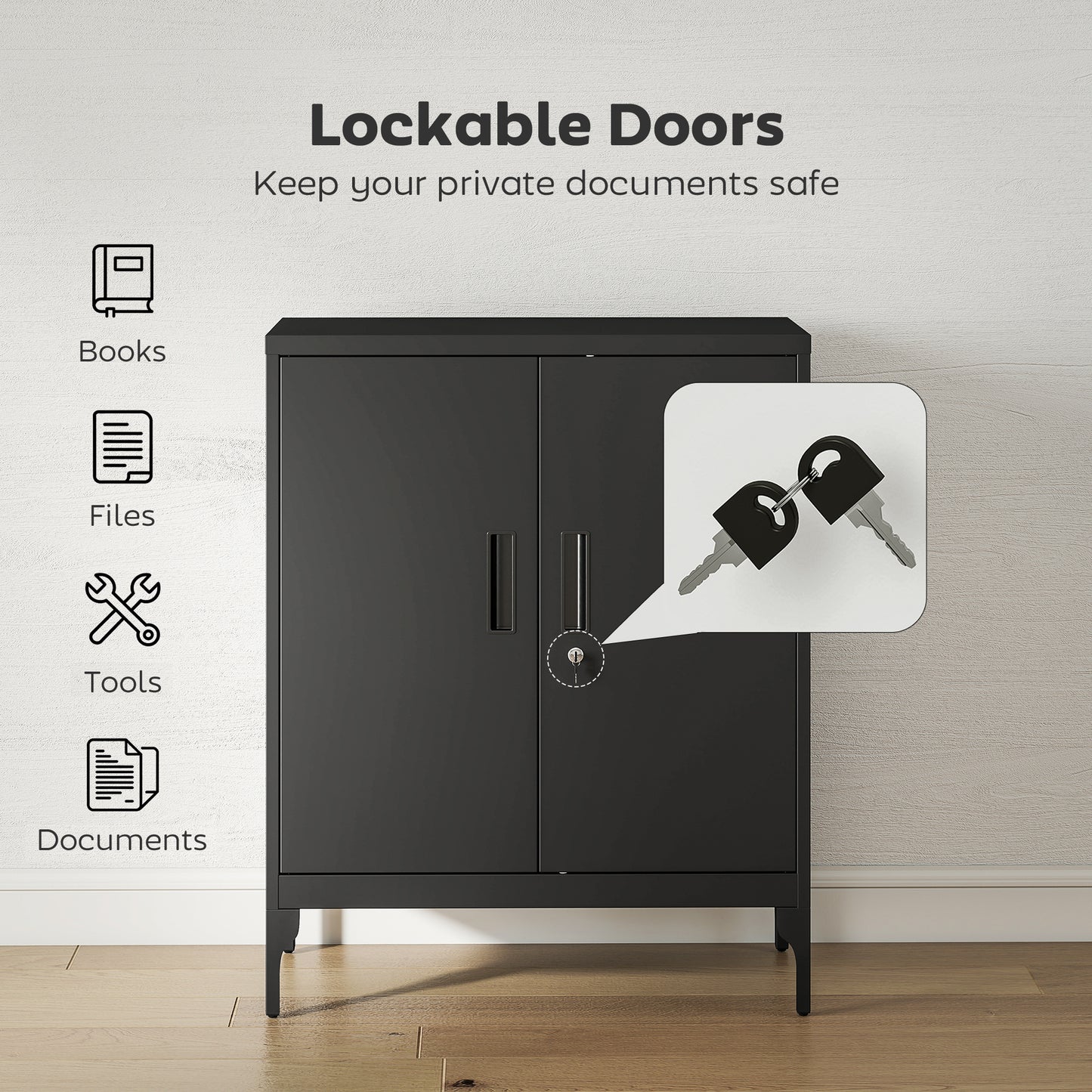 Office Storage Cabinet with Lock, Filing Cabinet with Adjustable Shelves and Doors for Home Office, Garage, Black