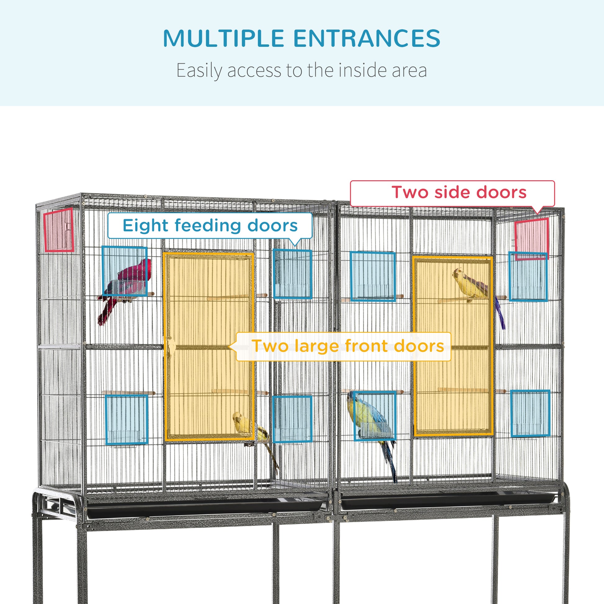 64" Extra Large Bird Cage, Rolling Metal Parrot Cage, Bird House with Detachable Rolling Stand, Storage Shelf, Wood Perc