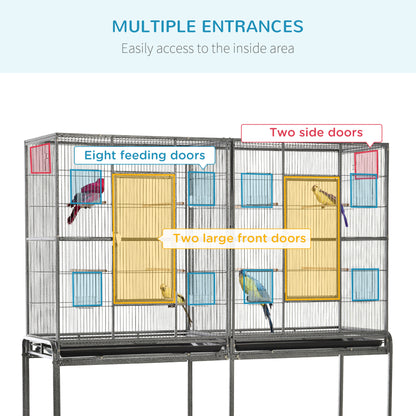 64" Extra Large Bird Cage, Rolling Metal Parrot Cage, Bird House with Detachable Rolling Stand, Storage Shelf, Wood Perc