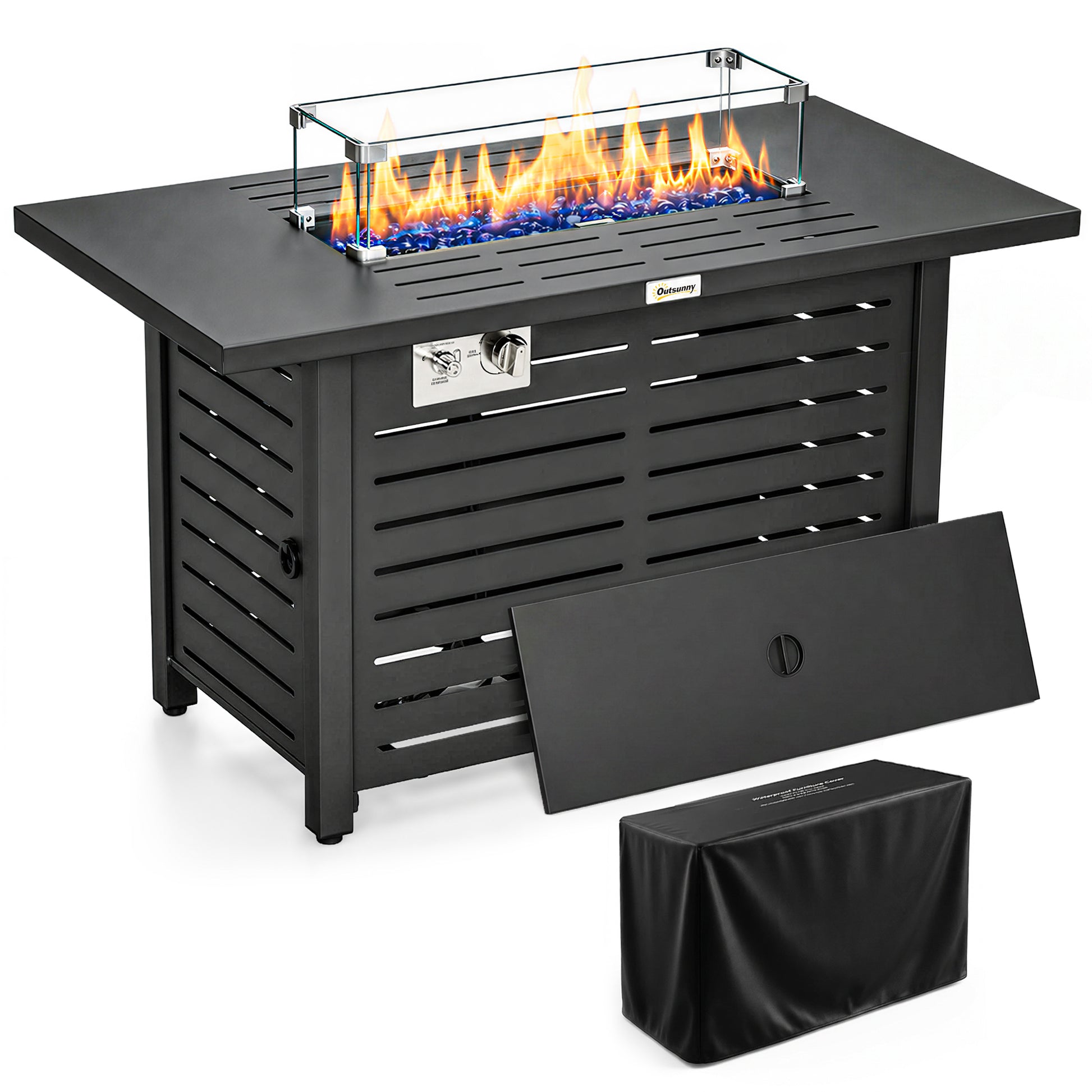 Propane Gas Fire Pit Table, Outdoor Firepit with 43" Steel Tabletop and Lid, 50,000 BTU Pulse Ignition Fire Table w/ Sta