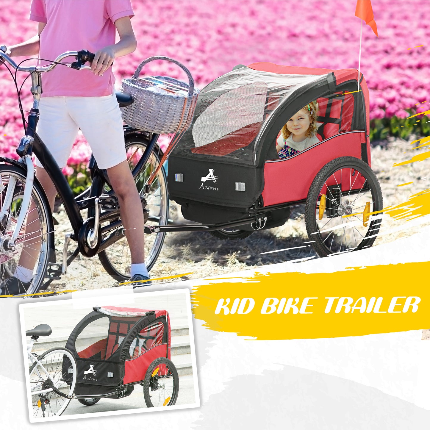 VarietyKart 2 Seat Bike Trailer for Kids, Baby Stroller with Storage Bag, 5 Point Harness, Bicycle Trailer with 20" Whee
