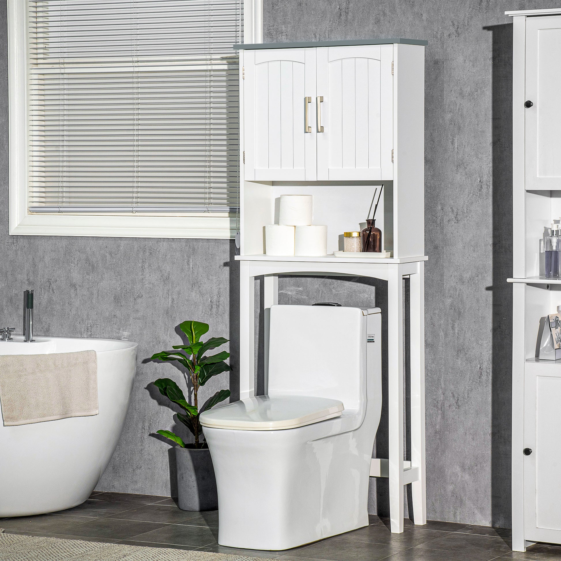 Modern Over The Toilet Storage Cabinet, Double Door Over Toilet Bathroom Organizer with Adjustable Shelf and Open Shelf,