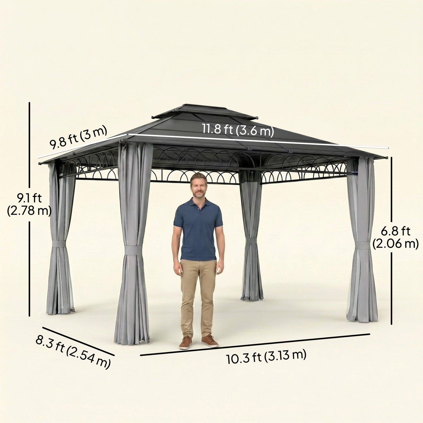 10' x 12' Outdoor Hardtop Gazebo Canopy w/ Double PC Roof, Steel Frame, Nettings, Curtains for Garden Lawn Deck, Grey
