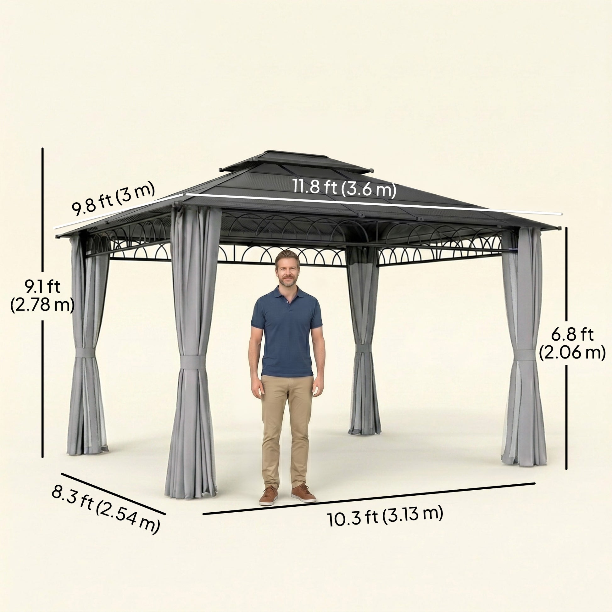 10' x 12' Outdoor Hardtop Gazebo Canopy w/ Double PC Roof, Steel Frame, Nettings, Curtains for Garden Lawn Deck, Grey
