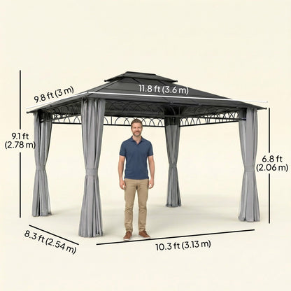 10' x 12' Outdoor Hardtop Gazebo Canopy w/ Double PC Roof, Steel Frame, Nettings, Curtains for Garden Lawn Deck, Grey