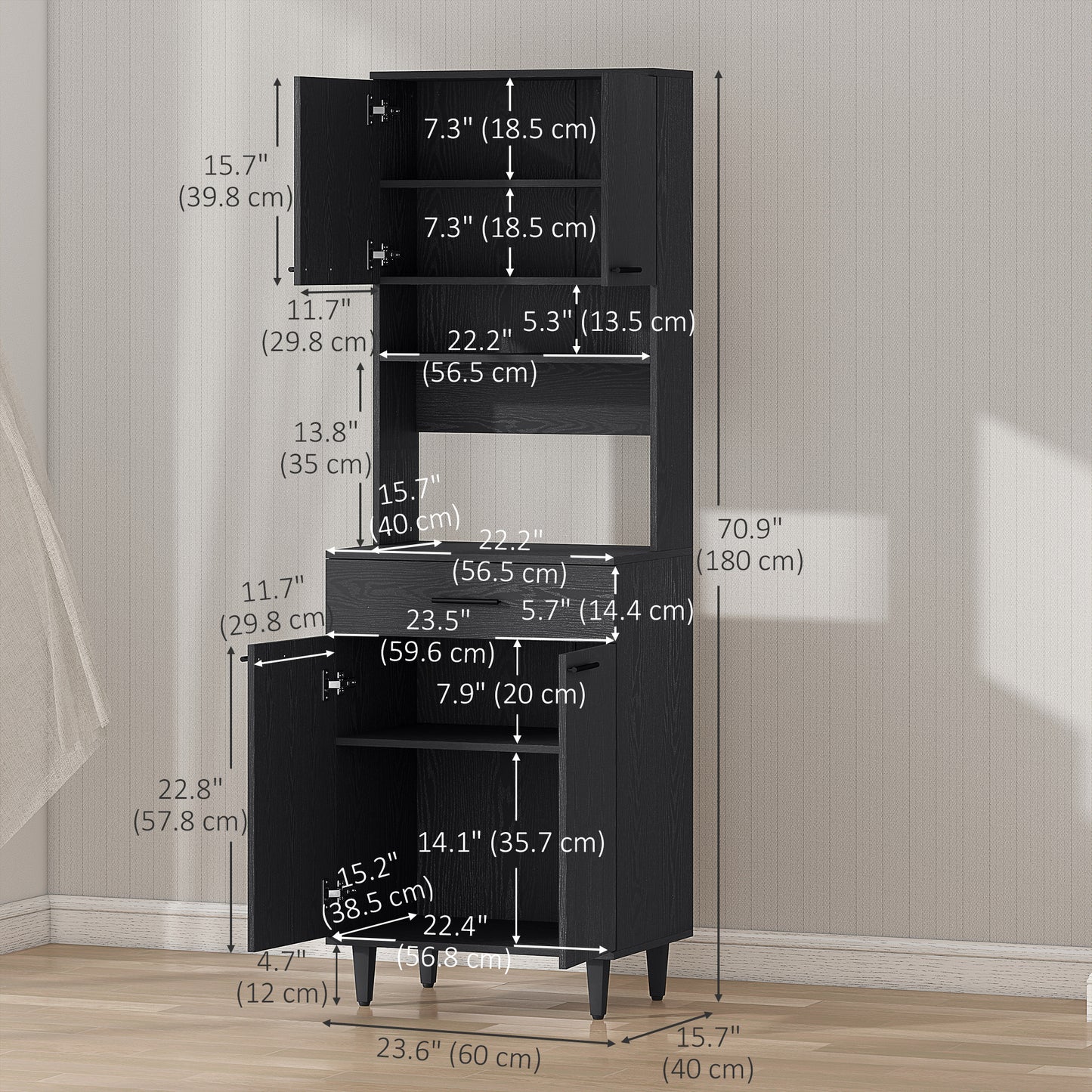 Modern Kitchen Buffet with Hutch Wooden Storage Cupboard with Microwave Counter 2 Cabinet and Drawer for Dining Room Liv