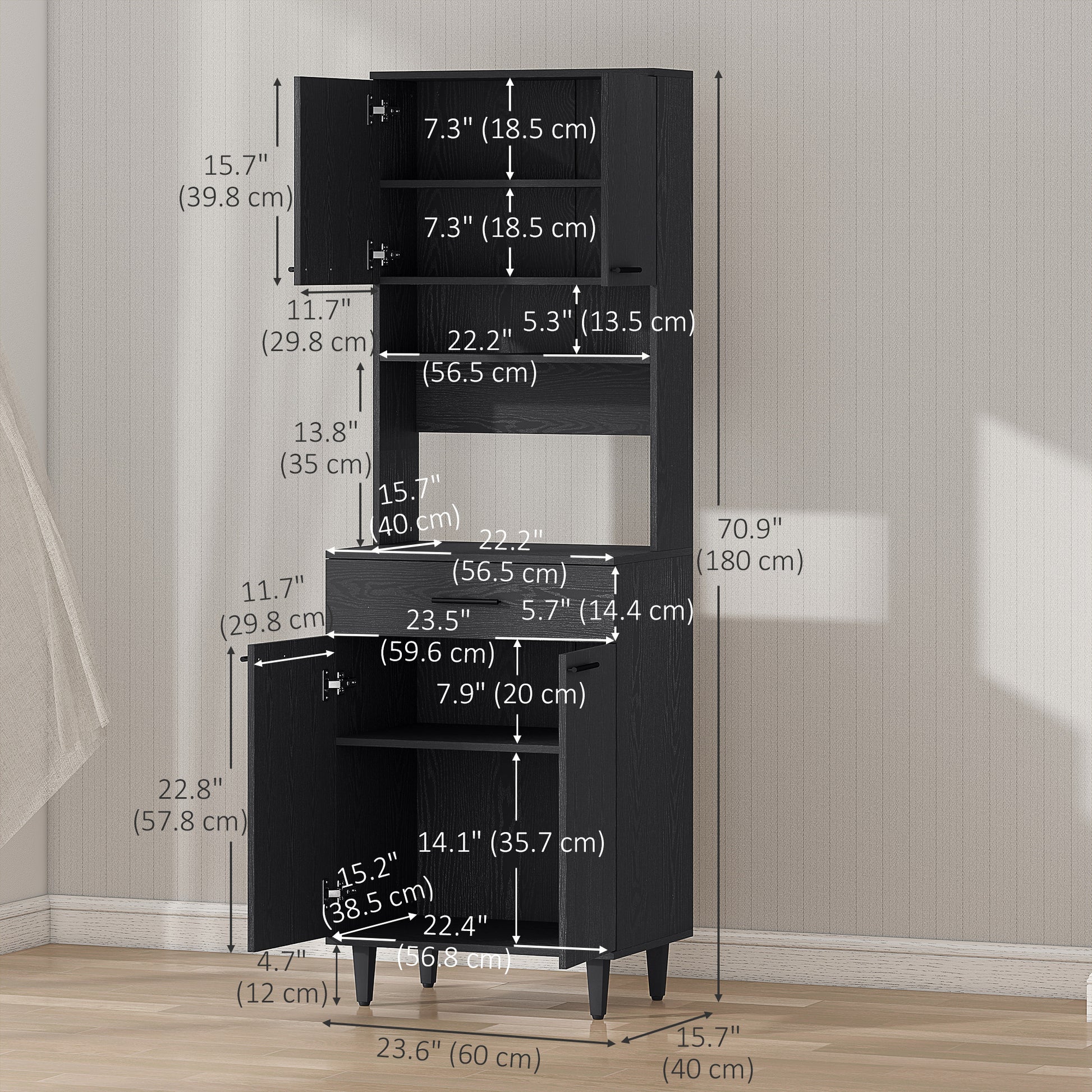 Modern Kitchen Buffet with Hutch Wooden Storage Cupboard with Microwave Counter 2 Cabinet and Drawer for Dining Room Liv