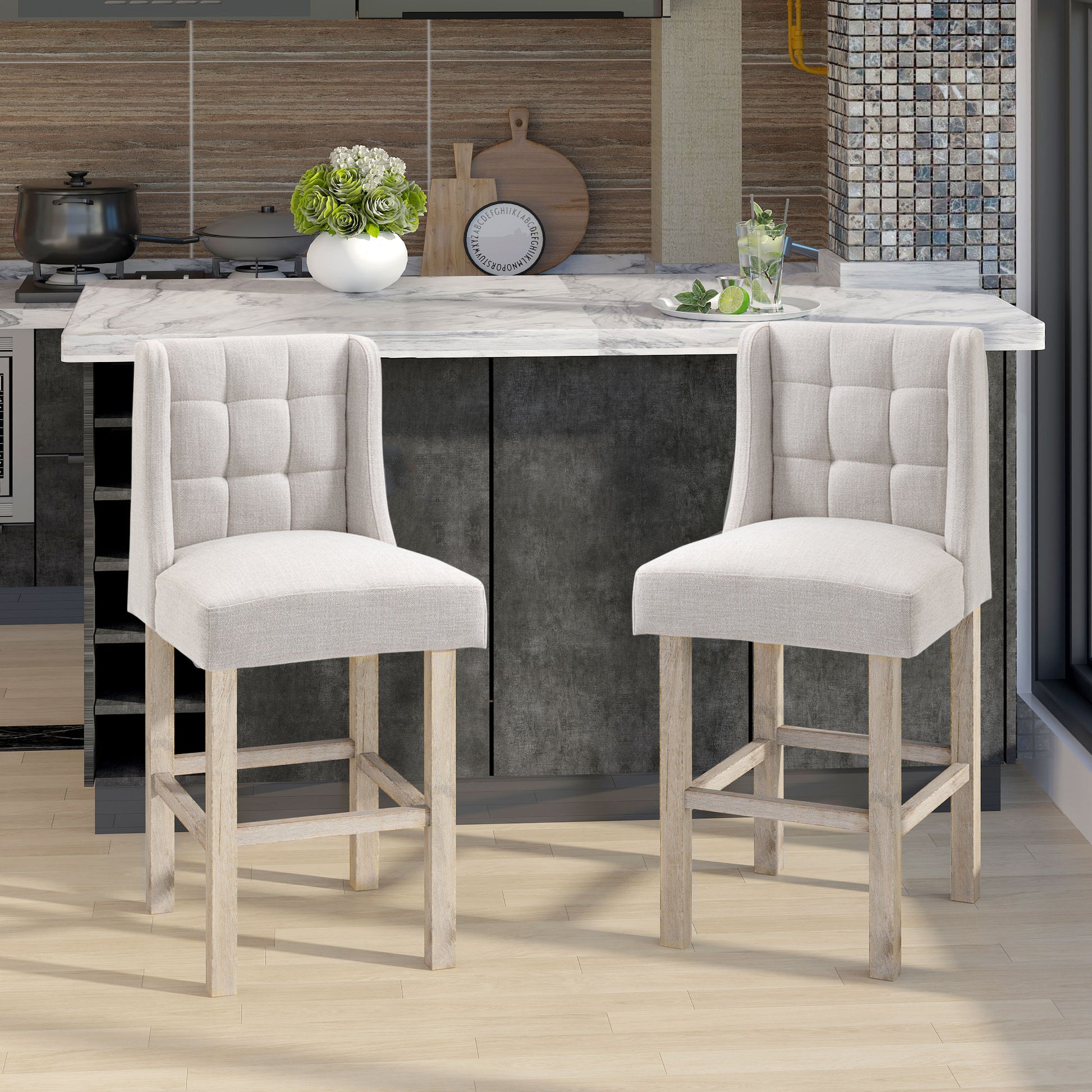 Modern Counter Bar Stools Tufted Upholstered Counter Chairs Set of 2 for Kitchen, Beige