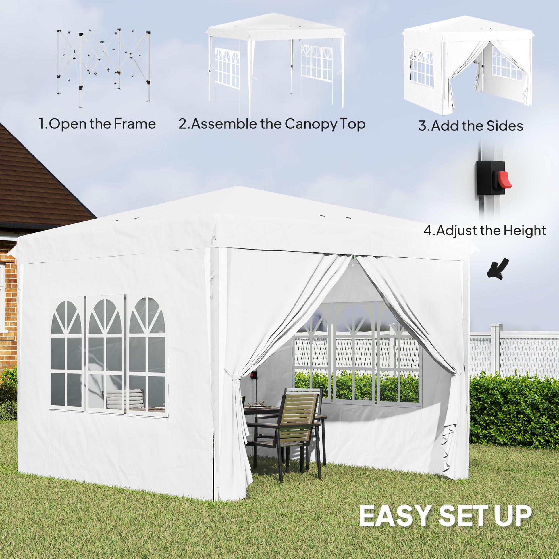 10' x 10' Pop-Up Canopy Tent with Sidewalls, Height-Adjustable, Carry Bag Included, for Outdoor, Garden, Patio, White