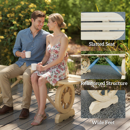 2-Person Outdoor Bench, Wood Garden Bench with Wagon Wheel Legs, Slatted Seat for Patio, Park, Backyard, Natural Wood