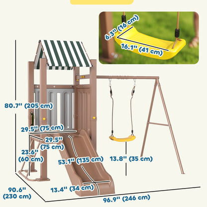 Qaba 4-in-1 Kids Swing Set for Playground with Slide, Covered Fort, Climbing Ladder, Ground Stakes, for Kids Ages 3-8, B