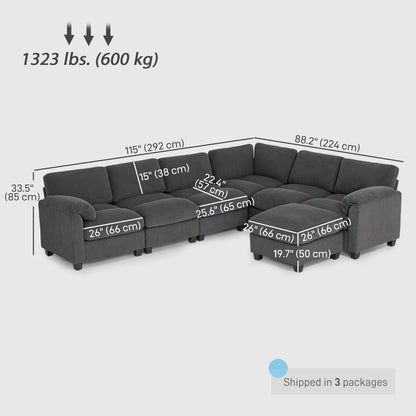 Modular Sectional Sofa, Oversized U-Shaped Couch with Spring Cushion, Corduroy Sofa for Living Room, Charcoal Grey