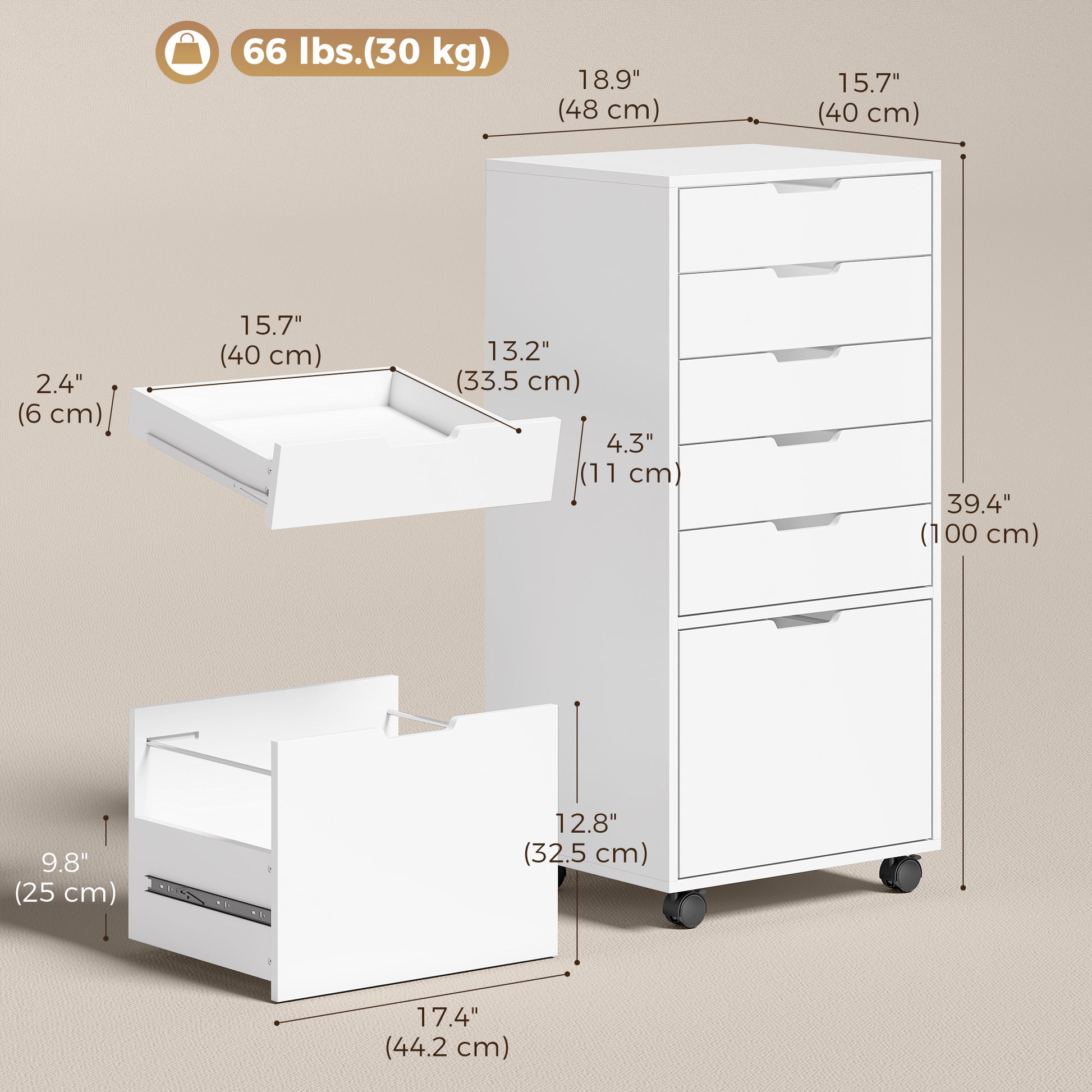 File Cabinet on Wheels Mobile Printer Stand with 6 Drawers for Home Office White