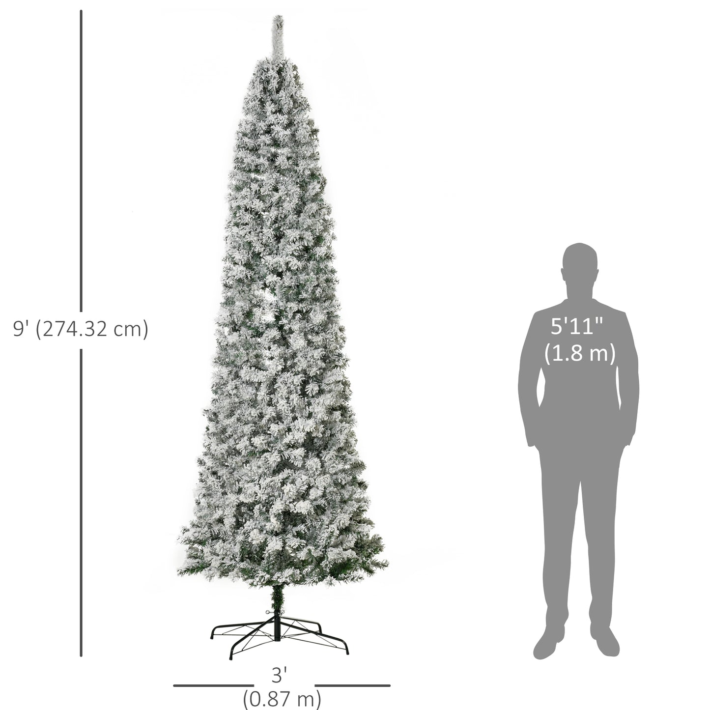 9 Feet Prelit Artificial Snow Flocked Pencil Christmas Tree, Slim Xmas Tree with Warm White LED Light, Holiday Home Xmas