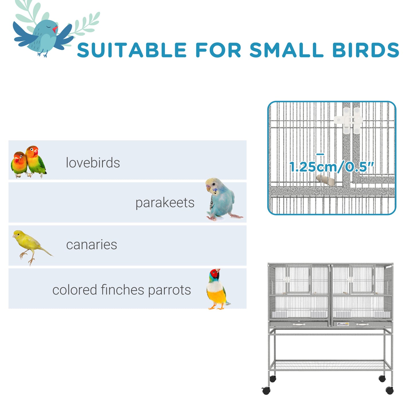 Large Double Rolling Metal Bird Cage Bird House w/ Removable Tray Storage Shelf