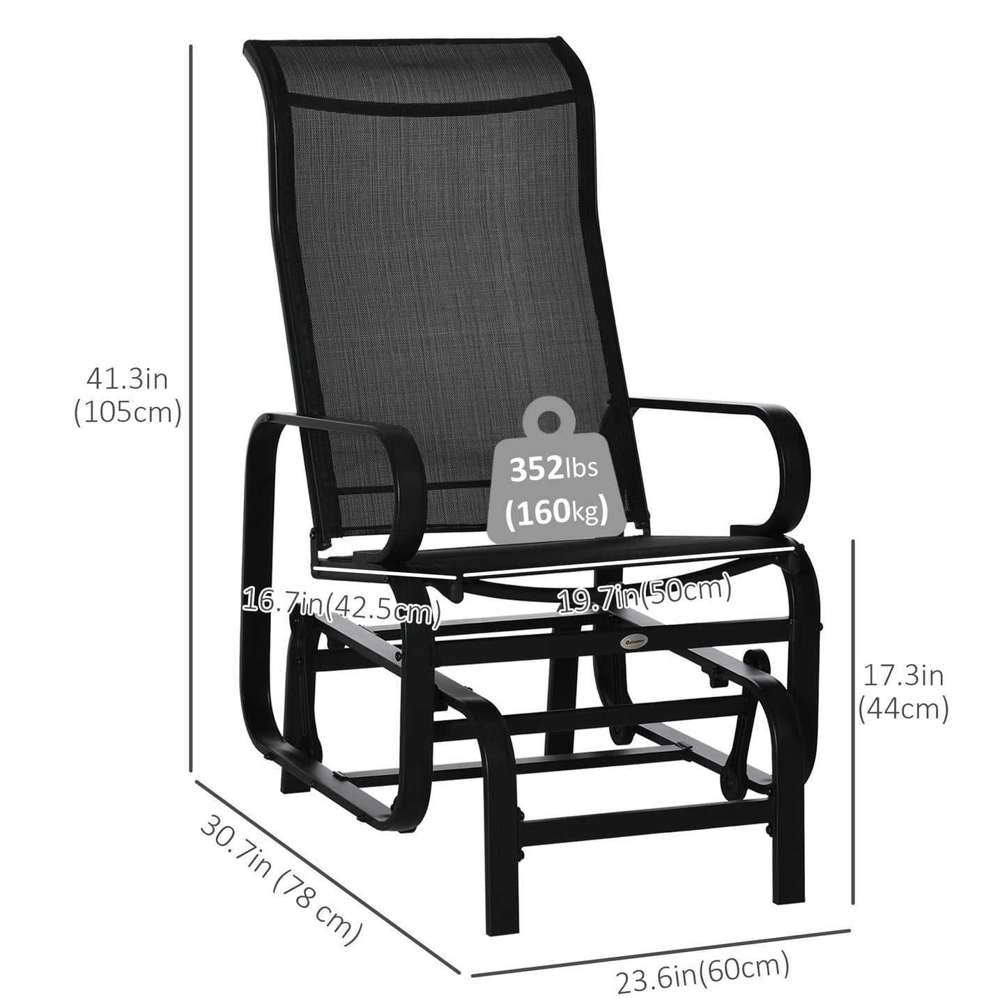 Patio Glider with Breathable Mesh Fabric, Outdoor Glider Chair, Garden Rocking Gliding Seat for Patio, Yard, Porch, Blac