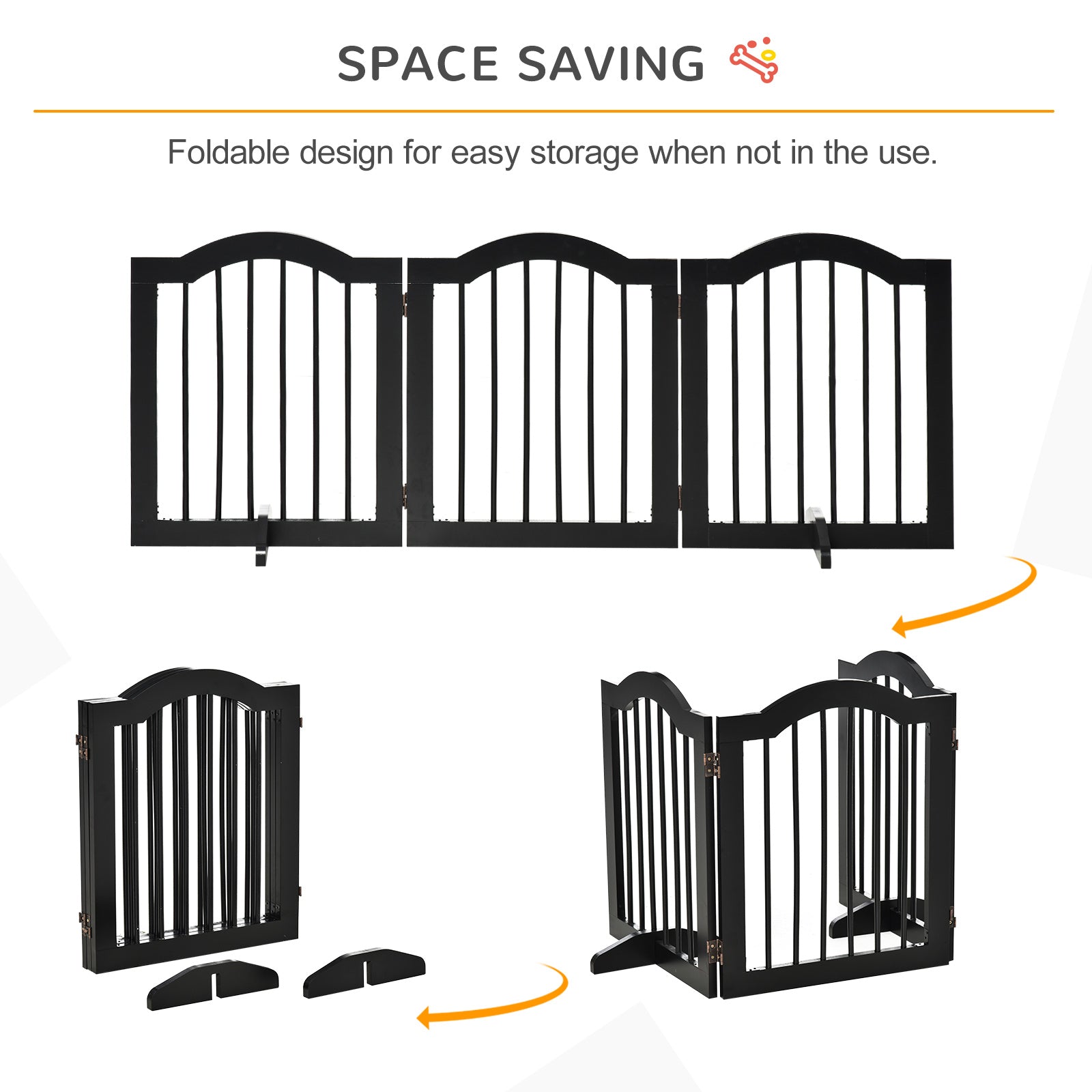 24"H Foldable Dog Gate, 3 Panels Freestanding Pet Gate Barriers Indoor with Support Feet, Puppy Fence for Small Dogs, Bl