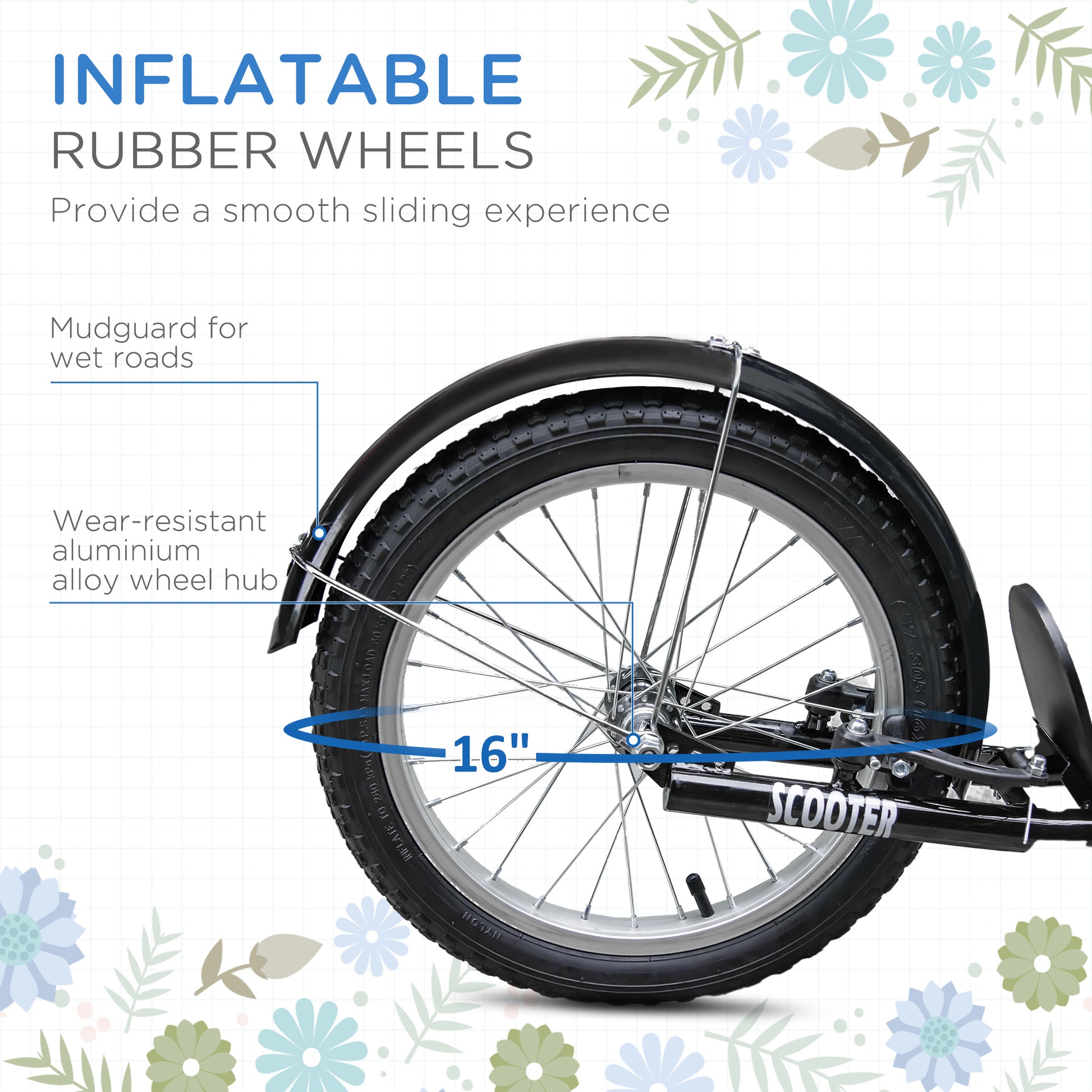 VarietyKart Kick Scooter with Adjustable Handlebar, Kids Scooter with 2 Brakes Basket Cupholder 16" Inflatable Rubber Ty