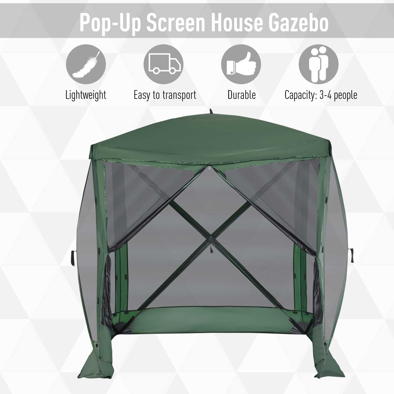 Pop-Up Tent, Foldable Screen Tent with Carry Bag, Zippered Door and Ground Stakes, Fits 3-4 People, Green