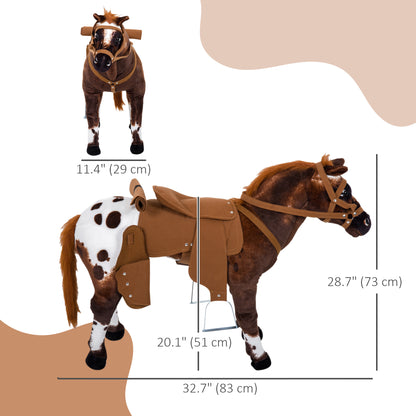 Qaba Standing Ride on Horse, Plush Pony Toy for Kids with Neighing Sound, Soft Padding, for Cowboy Cowgirl Aged 3-8 Year