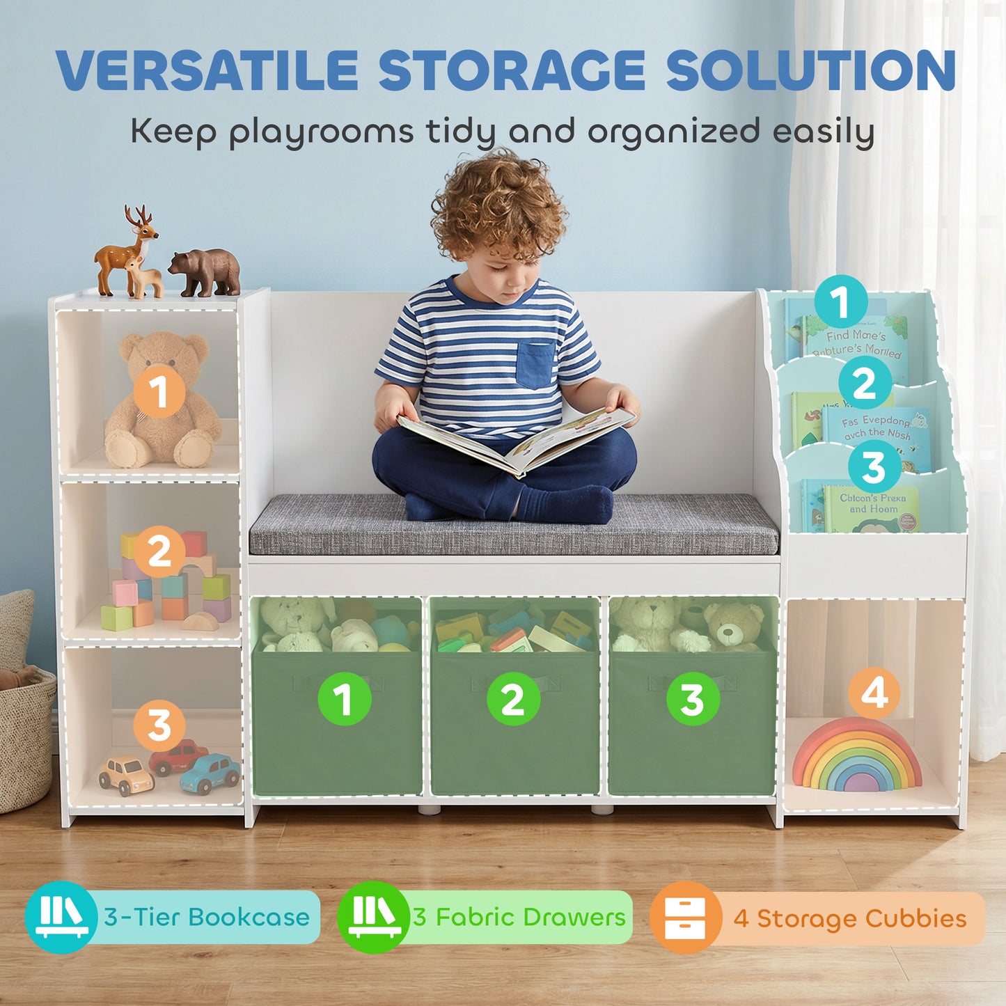 Qaba Kids Storage Shelf with Reading Nook, Toy Storage Organizer with Seat Cushion, 3 Fabric Drawers for Playroom, Nurse