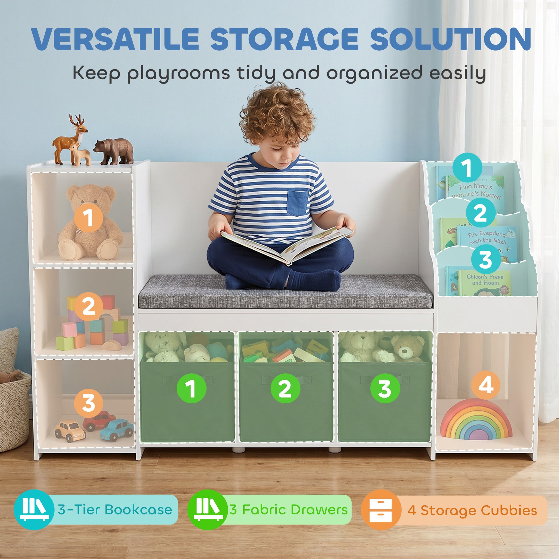 Qaba Kids Storage Shelf with Reading Nook, Toy Storage Organizer with Seat Cushion, 3 Fabric Drawers for Playroom, Nurse