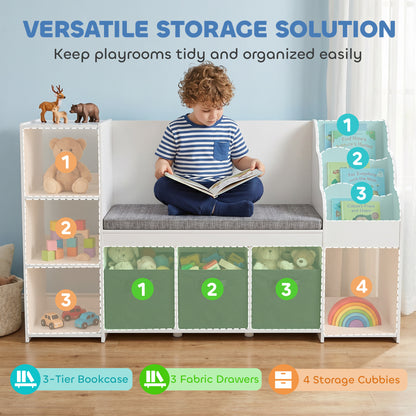 Qaba Kids Storage Shelf with Reading Nook, Toy Storage Organizer with Seat Cushion, 3 Fabric Drawers for Playroom, Nurse