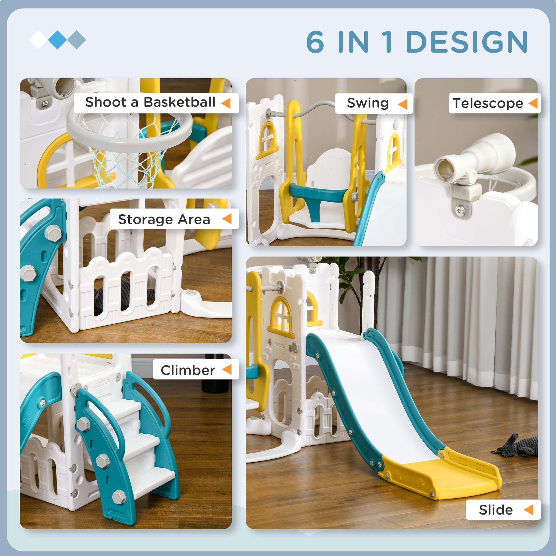 Qaba 6-in-1 Slide and Swing Set Baby Swing Playset Indoor with Basketball Hoop, Climber, Storage Space, Telescope, Yello
