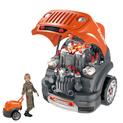 Qaba Kids Truck Engine Toys, Kids Mechanic Workshop Set with Light, Sounds, Steering Wheel and Horn for Boys Girls 3 4 5