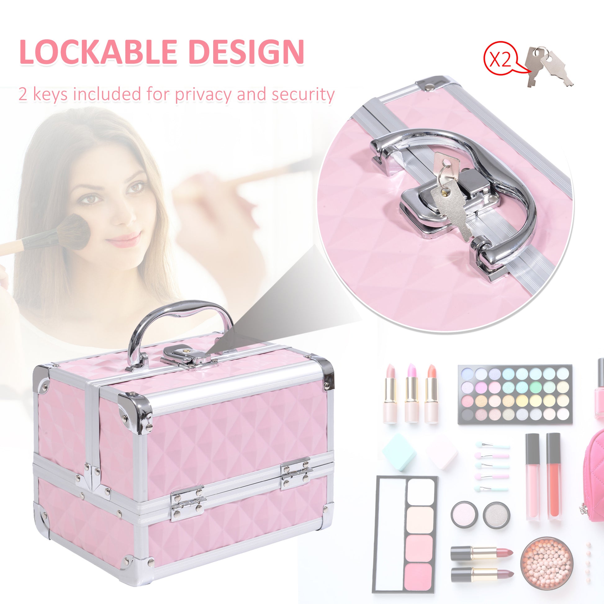 3-Tier Makeup Train Case with Mirror - Pink - Image 3