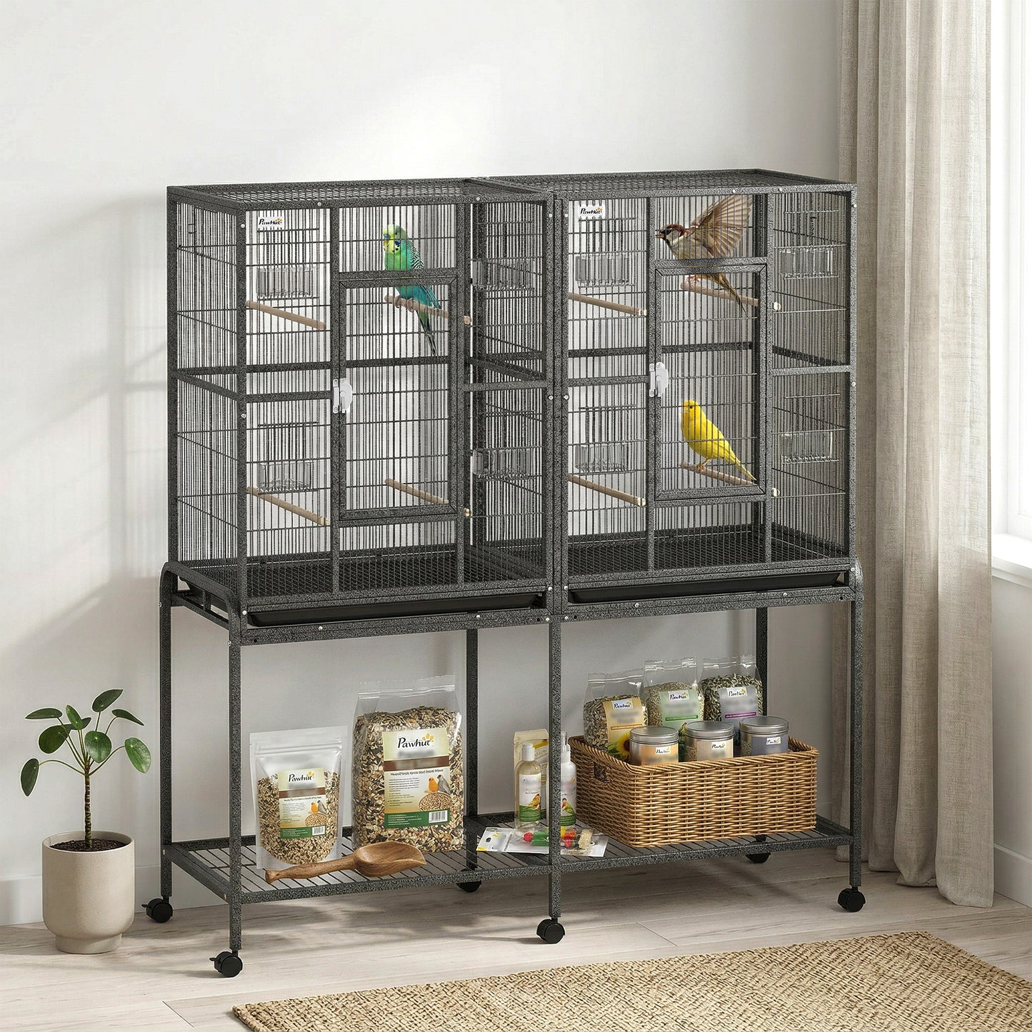 56"H Bird Cage, Parrot Cage w/ Detachable Rolling Stand, Removable Tray, Storage Shelf, Perches, Food Container