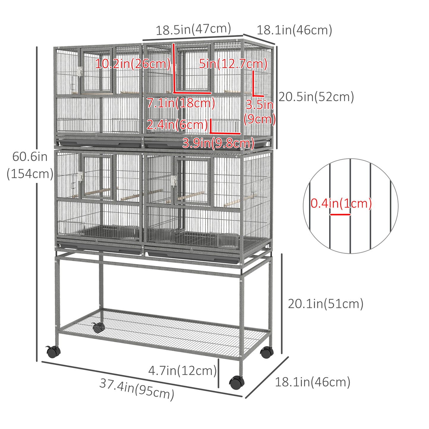 61"H Divided Breeder Bird Cage with Rolling Stand Removable Metal Tray, Storage Shelf, Wood Perch, and Food Container, D