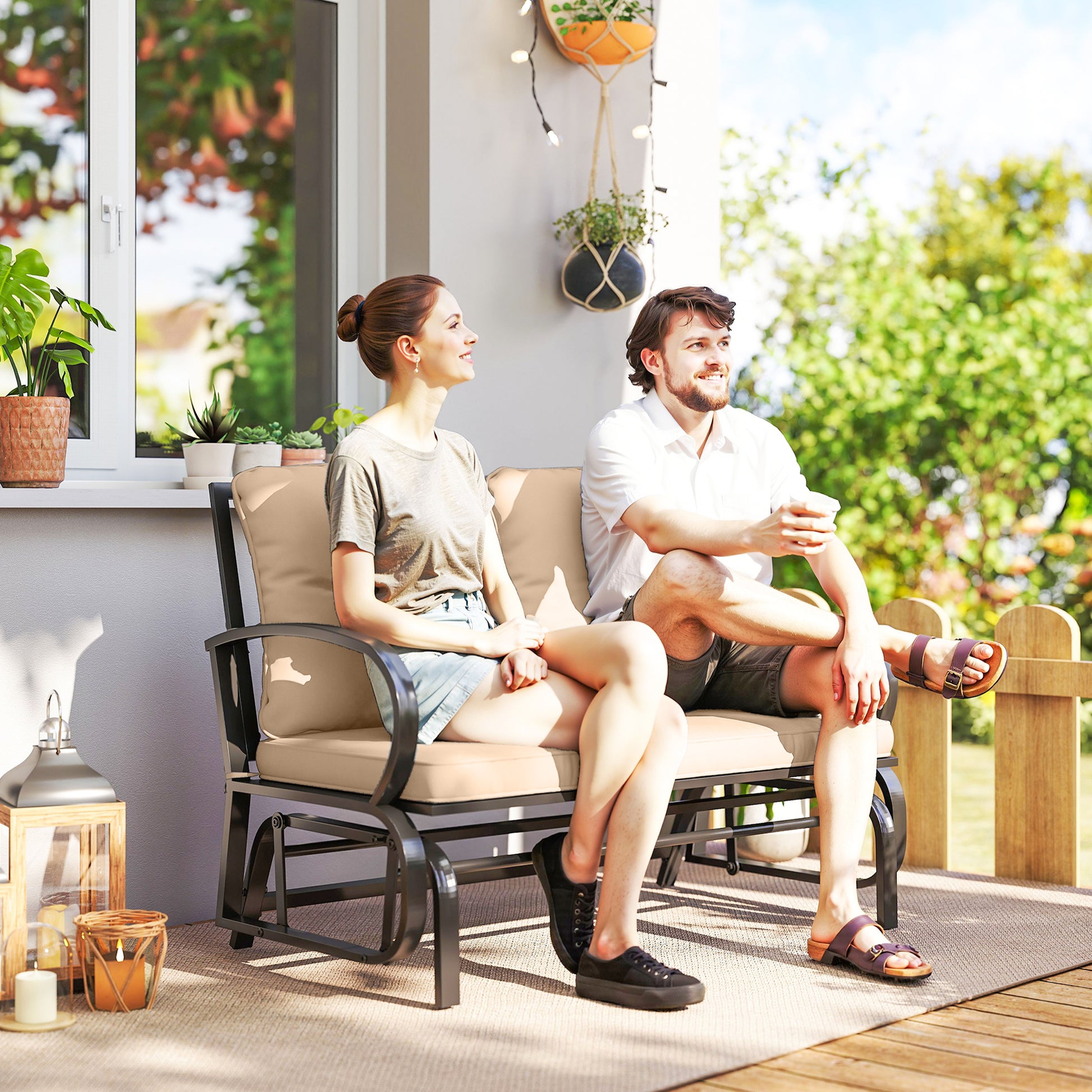 2-Person Outdoor Glider Chair, Patio Double Rocking Loveseat with Steel Frame and Cushions for Backyard, Garden and Porc