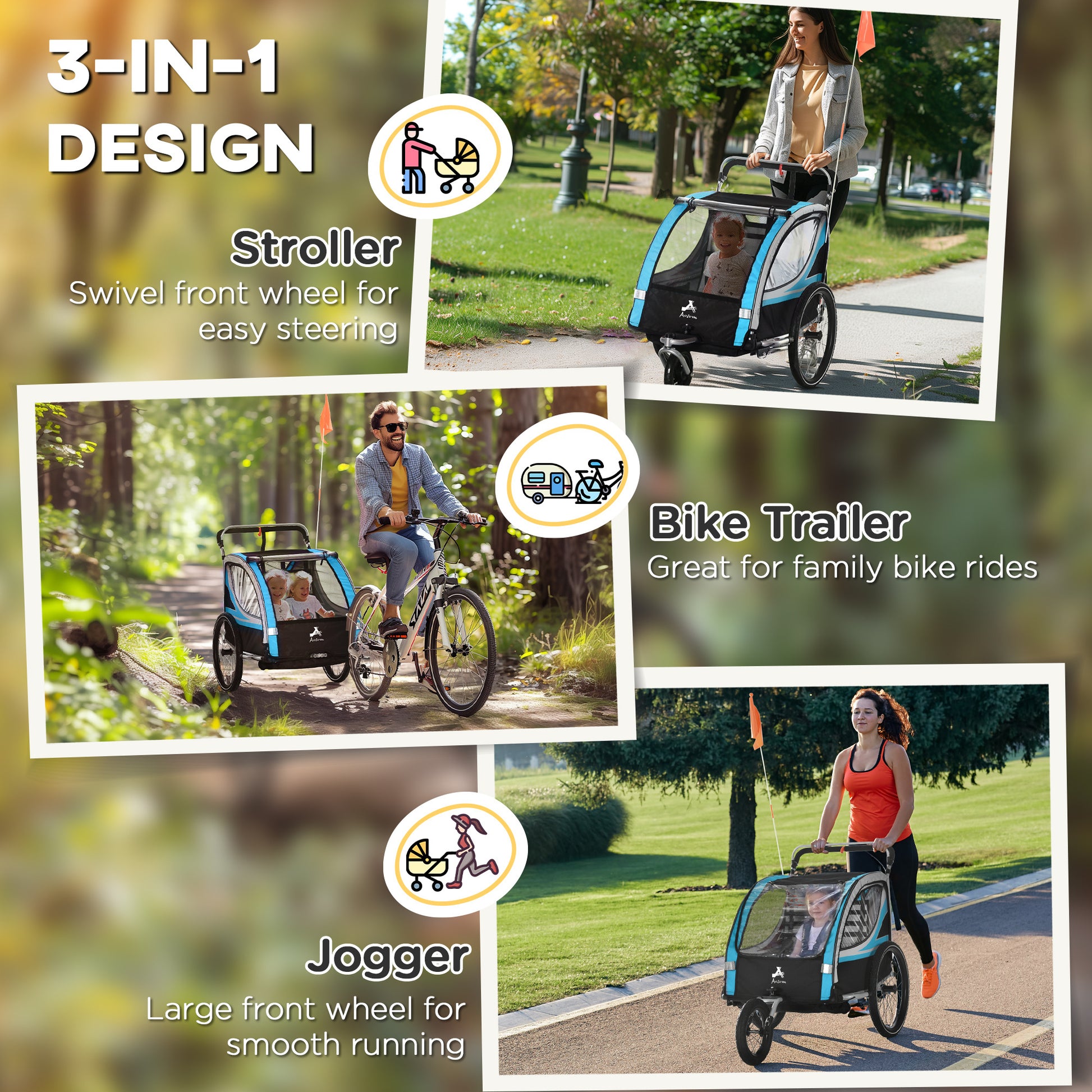 VarietyKart 3-in-1 Bike Trailer for Kids, Running Stroller with 2 Seats, Jogging Cart with 5-Point Harness, Storage Unit