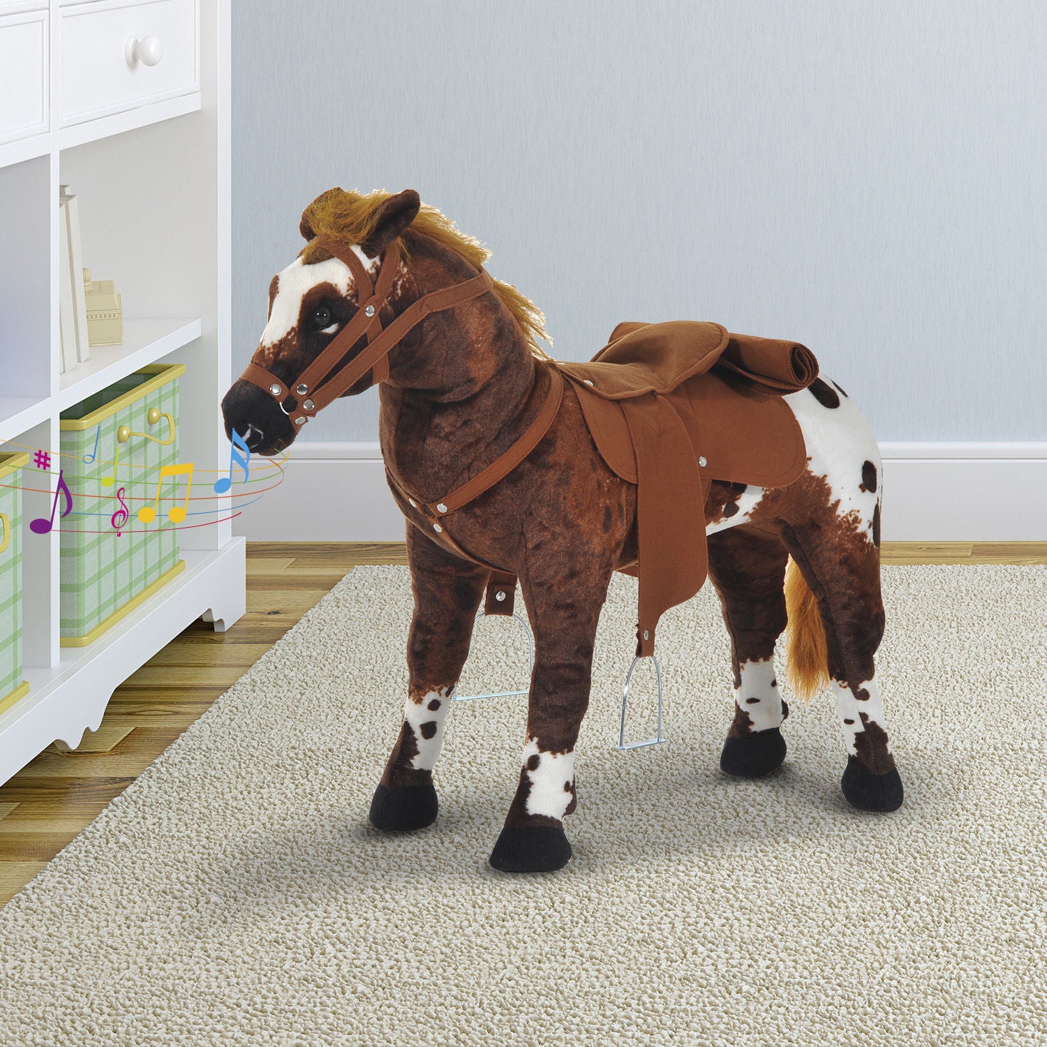 Qaba Standing Ride on Horse, Plush Pony Toy for Kids with Neighing Sound, Soft Padding, for Cowboy Cowgirl Aged 3-8 Year